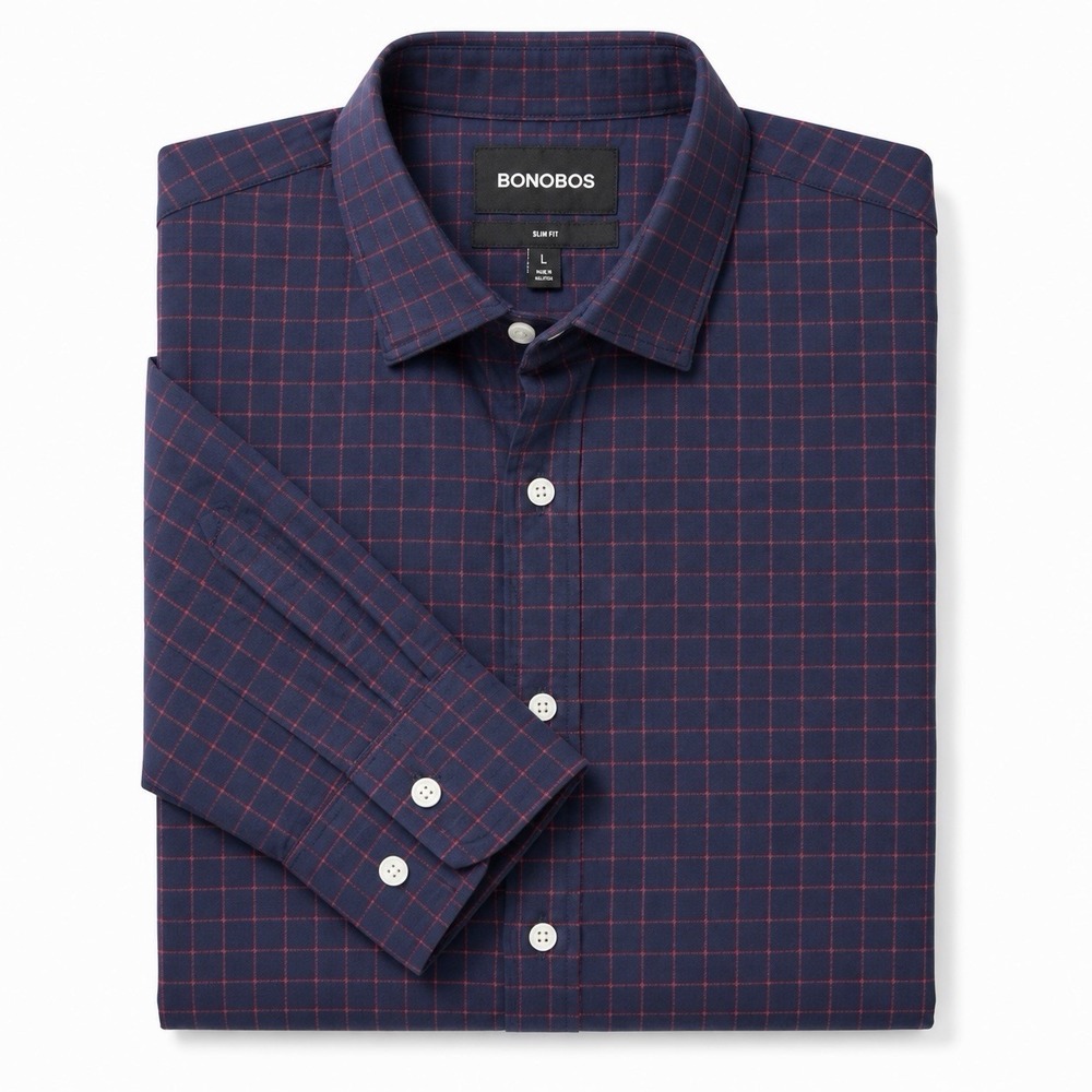 Bonobos Mens Large Slim Fit Navy Red Windowpane Grid Button Down Shirt Cotton